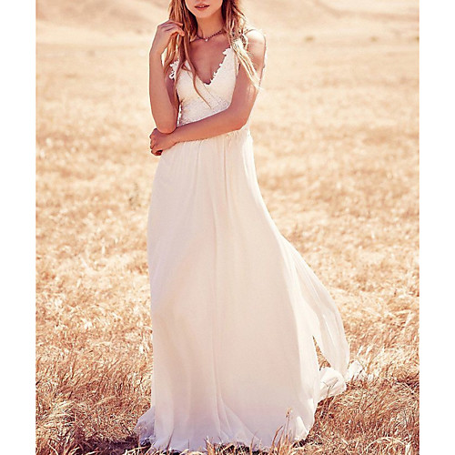 

A-Line Wedding Dresses Strapless V Neck Sweep / Brush Train Chiffon Lace Spaghetti Strap Country Boho Plus Size Backless with Appliques 2020