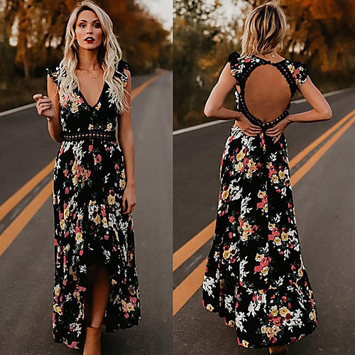 

Women's Maxi White Black Dress Swing Floral Deep V S M