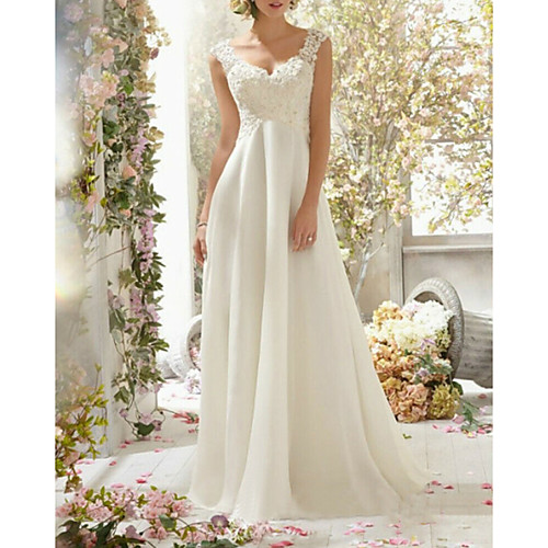 

A-Line Sweetheart Neckline Sweep / Brush Train Chiffon / Lace Spaghetti Strap Romantic Backless Wedding Dresses with Beading / Lace Insert 2020