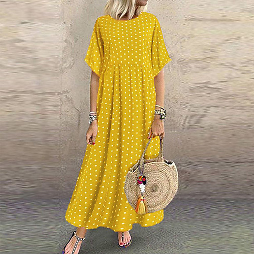 

Women's Maxi Plus Size Wine Yellow Dress Swing Polka Dot Color Block L XL