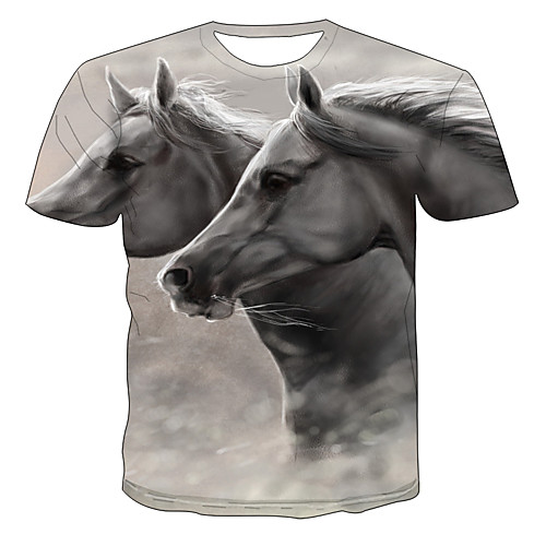

Men's Daily Going out Basic / Exaggerated T-shirt - Color Block / 3D / Animal Horse, Print Light gray