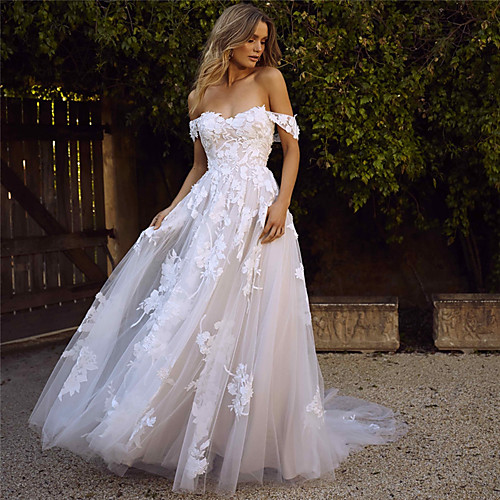 

A-Line Sweetheart Neckline Court Train Lace / Tulle Cap Sleeve Glamorous Backless Made-To-Measure Wedding Dresses with Appliques 2020