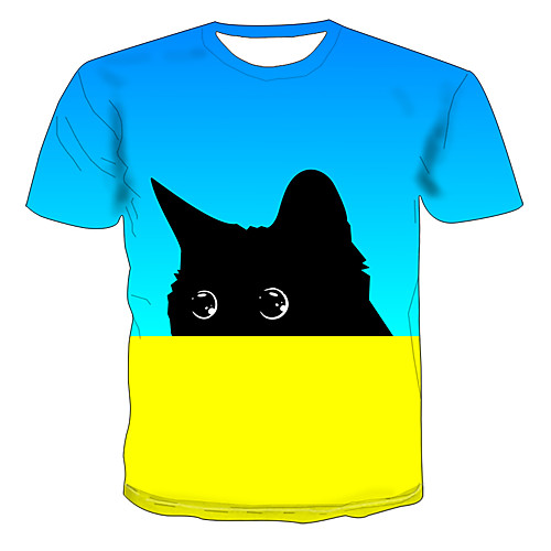 

Men's Daily Going out Basic / Exaggerated T-shirt - Color Block / 3D / Animal Cat, Print Light Blue