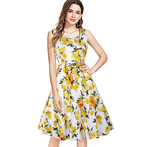 

Women's Swing Dress Midi Dress - Sleeveless Print Summer Vintage 2020 Yellow S M L XL XXL