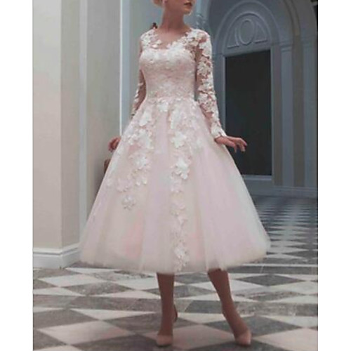 

Ball Gown Jewel Neck Tea Length Lace / Tulle Long Sleeve Casual / Vintage Little White Dress / See-Through / Cute Wedding Dresses with Beading / Appliques 2020