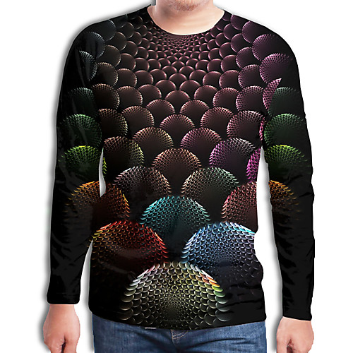 

Men's Daily Going out Street chic / Exaggerated Plus Size T-shirt - Geometric / 3D Pleated / Print Round Neck Rainbow / Long Sleeve
