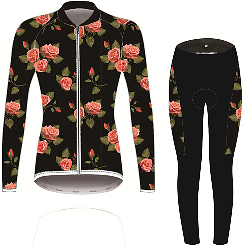 

21Grams Floral Botanical Women's Long Sleeve Cycling Jersey with Tights - Black / Red Bike Clothing Suit UV Resistant Breathable Moisture Wicking Sports Winter Fleece Spandex Mountain Bike MTB Road