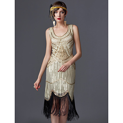 

The Great Gatsby Charleston 1920s Roaring Twenties Masquerade Cocktail Dress Women's Sequins Tassel Costume Black / White / Champagne Vintage Cosplay Party Homecoming Prom Sleeveless Knee Length