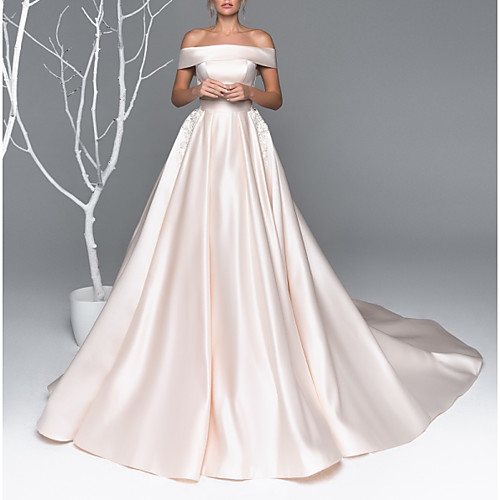 

A-Line Off Shoulder Court Train Satin Short Sleeve Made-To-Measure Wedding Dresses with Beading / Appliques 2020