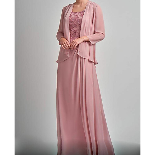 

Two Piece / A-Line Scoop Neck Floor Length Chiffon / Lace Long Sleeve Wrap Included Mother of the Bride Dress with Lace / Pleats / Crystals Mother's Day 2020