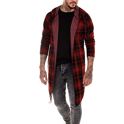 

Men's Daily Basic Fall & Winter EU / US Size Long Trench Coat, Plaid Hooded Long Sleeve Polyester Red / Dark Gray / Light gray / Slim