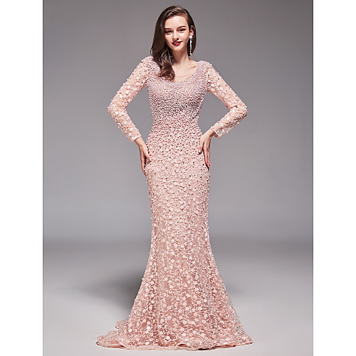 

Sheath / Column V Neck Sweep / Brush Train Floral Lace Sexy / Elegant Formal Evening Dress with Beading 2020