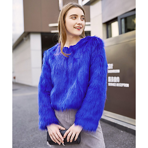 

Women's Party Street chic / Sophisticated Fall & Winter Regular Faux Fur Coat, Solid Colored Round Neck Long Sleeve Faux Fur Black / Fuchsia / Royal Blue