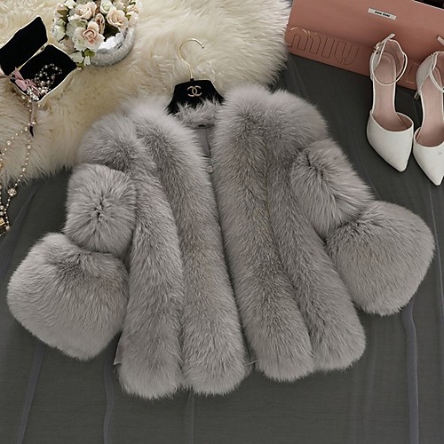 

Women's Daily Fall & Winter Regular Faux Fur Coat, Solid Colored V Neck Long Sleeve Faux Fur White / Blushing Pink / Gray