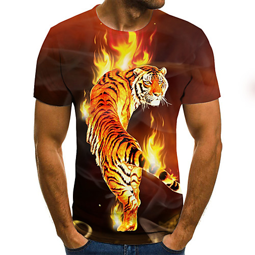 

Men's Daily Going out Basic / Street chic T-shirt - 3D / Animal / Flame Patchwork / Print Red