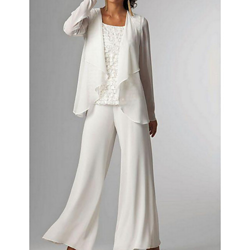 

Pantsuit / Jumpsuit Mother of the Bride Dress Elegant Plus Size Bateau Neck Floor Length Chiffon Sleeveless with Beading 2020