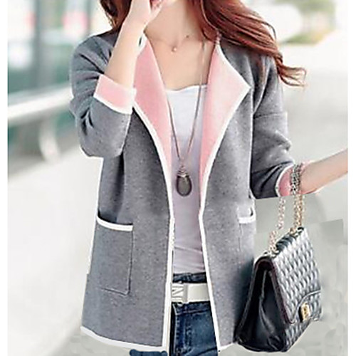 

Women's Daily Street chic Winter Long Coat, Solid Colored Collarless Long Sleeve Polyester Patchwork Blushing Pink / Fuchsia / Gray
