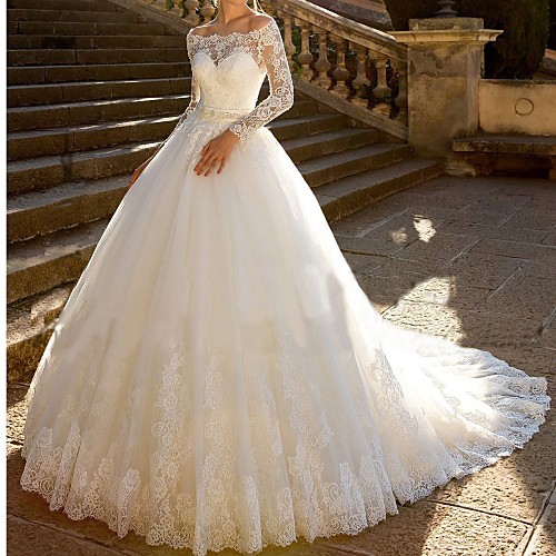 

Ball Gown Off Shoulder Chapel Train Lace / Tulle / Lace Over Satin Long Sleeve Glamorous Sparkle & Shine Made-To-Measure Wedding Dresses with Appliques / Crystals / Sashes / Ribbons 2020