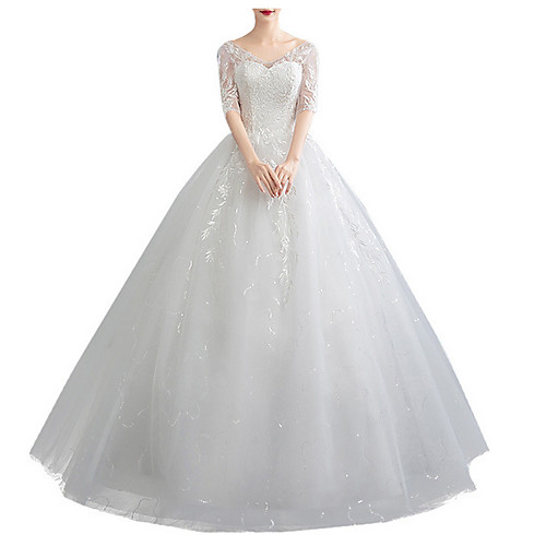 

A-Line V Neck Floor Length Polyester Half Sleeve Made-To-Measure Wedding Dresses with Appliques 2020