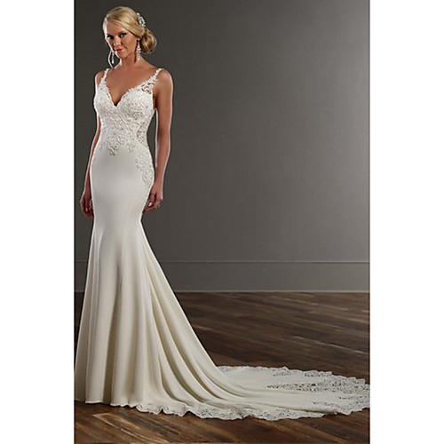 

Mermaid / Trumpet V Neck Chapel Train Lace / Stretch Satin Spaghetti Strap See-Through / Beautiful Back Wedding Dresses with Appliques 2020