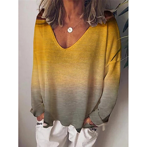 

Women's Daily T-shirt - Color Block V Neck Yellow