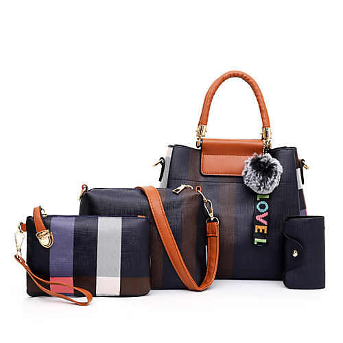 

Women's Pom-pom PU Bag Set Striped 4 Pieces Purse Set Black / Brown / Blushing Pink
