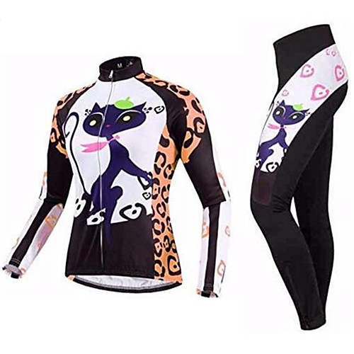 

21Grams Cat Animal Women's Long Sleeve Cycling Jersey with Tights - Black / Orange Bike Clothing Suit Thermal / Warm Breathable Quick Dry Sports Winter Fleece Terylene Polyester Taffeta Mountain Bike