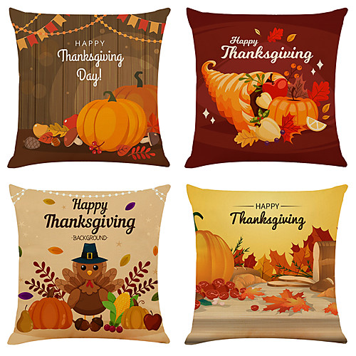 

Set of 4 Thanksgiving Linen Square Decorative Throw Pillow Cases Sofa Cushion Covers 18x18