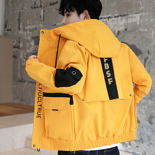 

Men's Daily / Beach Fall / Winter Regular Jacket, Color Block Hooded Long Sleeve Polyester Black / Yellow / Beige