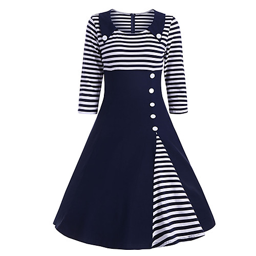 

Audrey Hepburn 1950s Vintage Flapper Dress Women's Spandex Costume Navy Blue Vintage Cosplay 3/4 Length Sleeve Midi A-Line