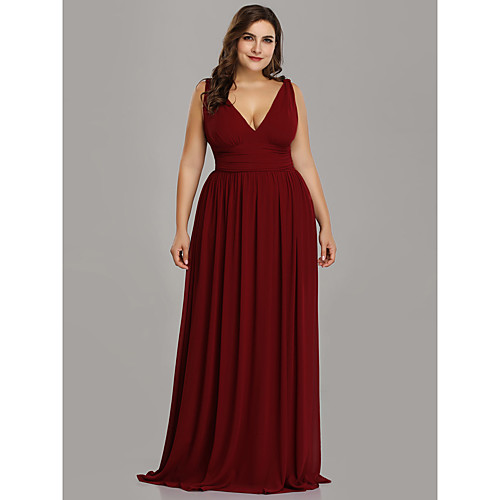 

A-Line V Neck Floor Length Chiffon Plus Size / Red Formal Evening / Wedding Guest Dress with Pleats 2020