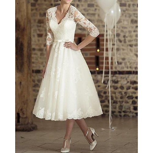 

A-Line V Neck Tea Length Lace / Tulle Half Sleeve Vintage Little White Dress Made-To-Measure Wedding Dresses with 2020