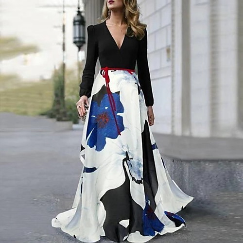 

Women's Maxi Black Dress Elegant Swing Floral Deep V S M