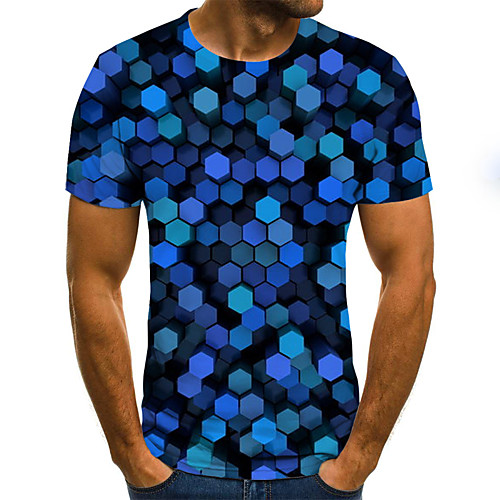 

Men's Plus Size Geometric Color Block Pleated Print T-shirt Street chic Weekend Round Neck Blue / Short Sleeve