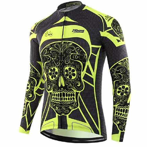 

21Grams Sugar Skull Men's Long Sleeve Cycling Jersey - Black / Yellow Bike Jersey Top Thermal / Warm UV Resistant Breathable Sports Winter Fleece 100% Polyester Mountain Bike MTB Road Bike Cycling