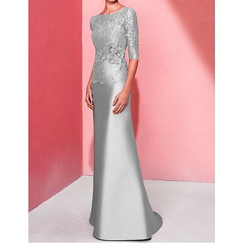 

A-Line Jewel Neck Sweep / Brush Train Lace / Satin Minimalist Formal Evening Dress with Lace Insert 2020