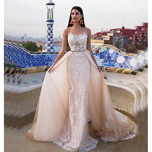 

Mermaid / Trumpet Jewel Neck Chapel Train Lace / Tulle / Lace Over Satin Regular Straps Formal See-Through Made-To-Measure Wedding Dresses with Appliques / Pearls / Sashes / Ribbons 2020