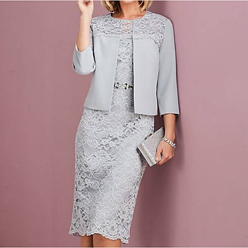 

Two Piece / A-Line Jewel Neck Knee Length Lace Long Sleeve Wrap Included Mother of the Bride Dress with Lace Mother's Day 2020