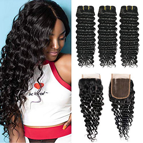 

3 Bundles with Closure Peruvian Hair Curly Deep Wave Virgin Human Hair 100% Remy Hair Weave Bundles 340 g Natural Color Hair Weaves / Hair Bulk Bundle Hair Human Hair Extensions 8-24 inch Natural