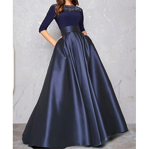 

Ball Gown Illusion Neck Floor Length Satin Minimalist / Blue Formal Evening / Quinceanera Dress with Pleats / Lace Insert 2020
