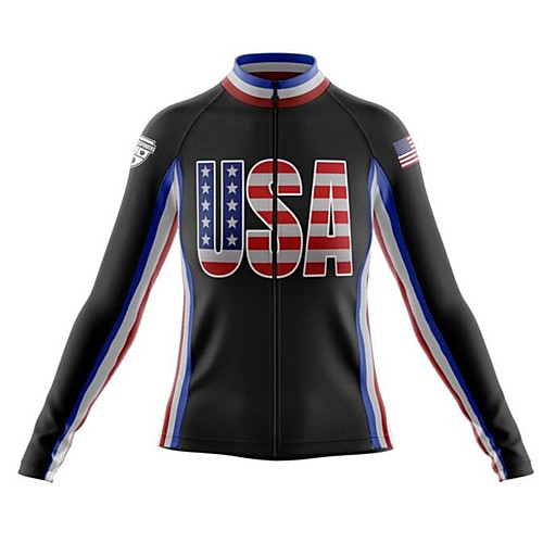 

21Grams American / USA National Flag Men's Long Sleeve Cycling Jersey - Black White Bike Jersey Top Thermal / Warm UV Resistant Breathable Sports Winter Fleece 100% Polyester Mountain Bike MTB Road