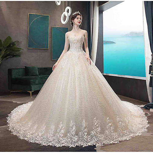

Ball Gown Strapless Court Train Tulle Strapless Country / Glamorous Illusion Detail Wedding Dresses with Beading / Appliques 2020