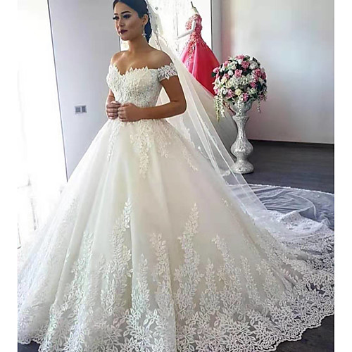 

Ball Gown Off Shoulder Court Train Lace Short Sleeve Formal Sparkle & Shine Made-To-Measure Wedding Dresses with Appliques 2020