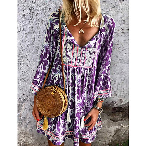 

Women's Purple Red Dress A Line Floral Deep V M L Loose