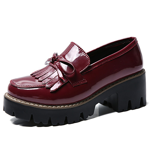 

Women's Loafers & Slip-Ons Chunky Heel Round Toe PU Casual / British Walking Shoes Spring & Fall Black / Burgundy