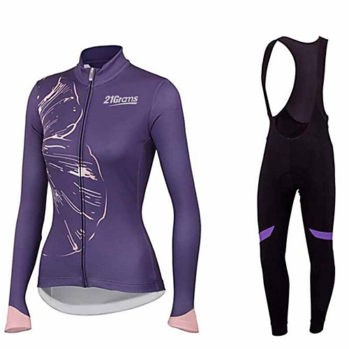 

21Grams Floral Botanical Women's Long Sleeve Cycling Jersey with Bib Tights - Violet Green Blue Bike Clothing Suit Thermal / Warm Breathable Quick Dry Sports Winter Fleece Terylene Polyester Taffeta