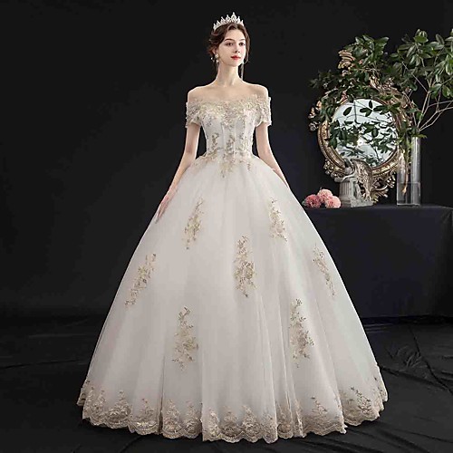 

Ball Gown Off Shoulder Floor Length Tulle Short Sleeve Made-To-Measure Wedding Dresses with Beading / Appliques 2020