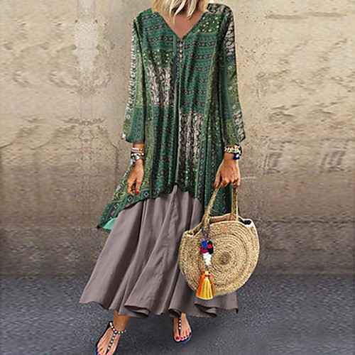 

Women's Maxi Green Light Blue Dress Basic Shift Geometric V Neck Patchwork M L Loose