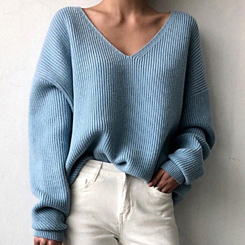 

Жен. Однотонный Длинный рукав Пуловер, Y-образный вырез Черный / Белый / Синий Один размер