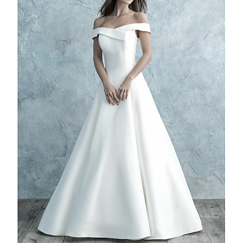 

A-Line Off Shoulder Floor Length Satin Short Sleeve Simple Backless Wedding Dresses with Buttons 2020